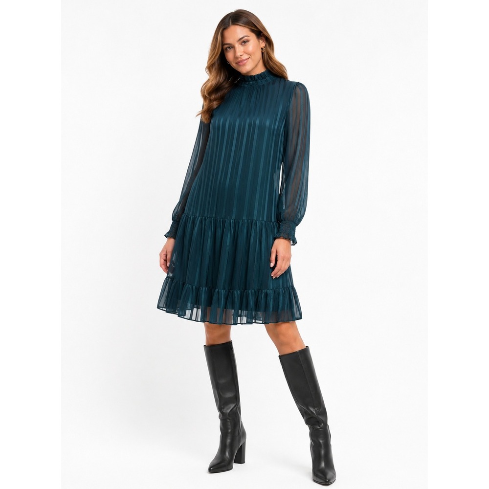 Julian Taylor Evergreen Stripe Mock Neck‎ Tiered Mini Dress 58312M Green New 8